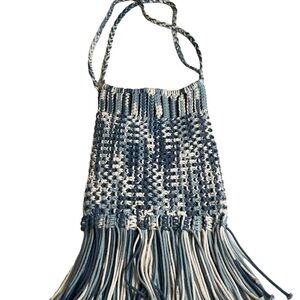 Earthbound Bohemian Fringe Woven Blue Ivory Crossbody Purse Bag NWOT Coachella